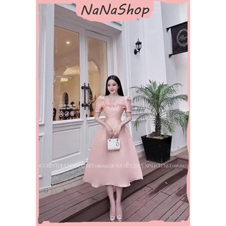 Đầm xòe tafta dây yếm cồ đính kết hoa, Đầm nữ dáng maxi xòe hồng trắng đen đính hoa cổ yếm sang trọng