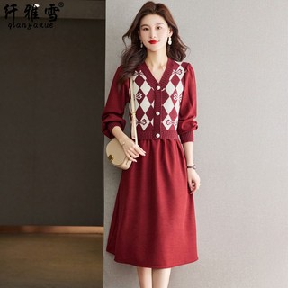 Đầm Dệt Kim Tay Dài Dày Dặn Dáng Rộng Giả Hai Lớp Phong Cách Thu Đông Mới Cho Nữ