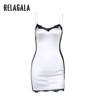 RelaGala Nữ Mới Gợi Cảm Hông Váy Thời Trang Tính Khí Mỏng Ren Nối Váy Satin