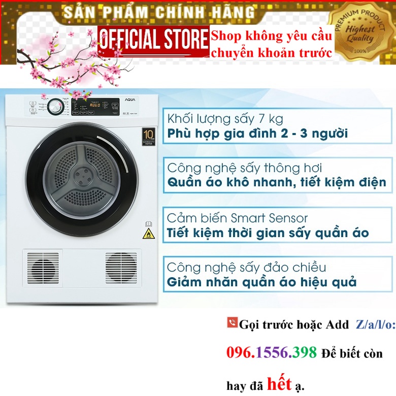 Máy sấy thông hơi Aqua 7 Kg AQH-V700FW 2020 ||Sale