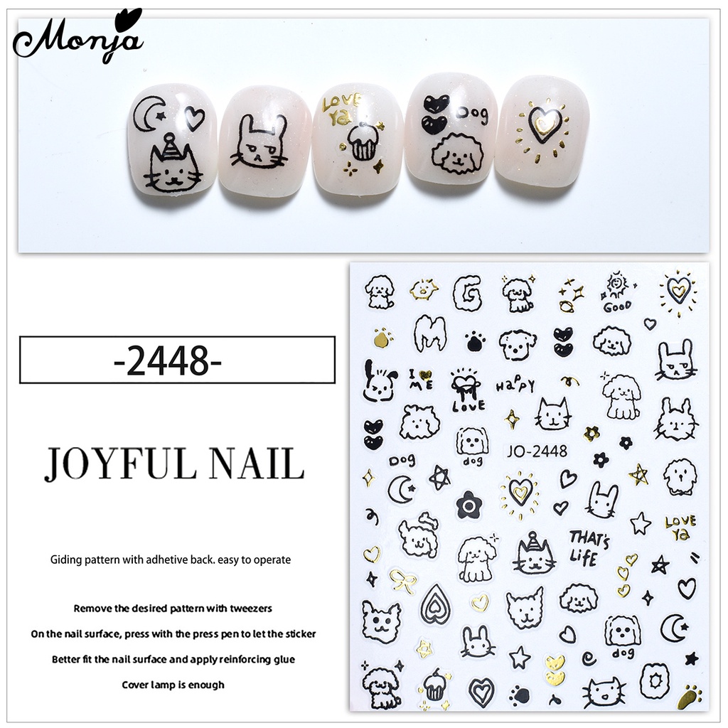Monja Nhãn Dán Móng Tay Tự Dính Tự Dính Họa Tiết Chó Mèo Dễ Thương Phong Cách Ngọt Ngào