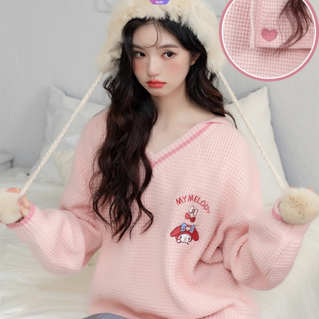 Áo sweater Dệt Kim Thêu Hoạt Hình sanrio cinnamoroll my melody kuromi pom pom purin v navy Leaderer y2k lolita