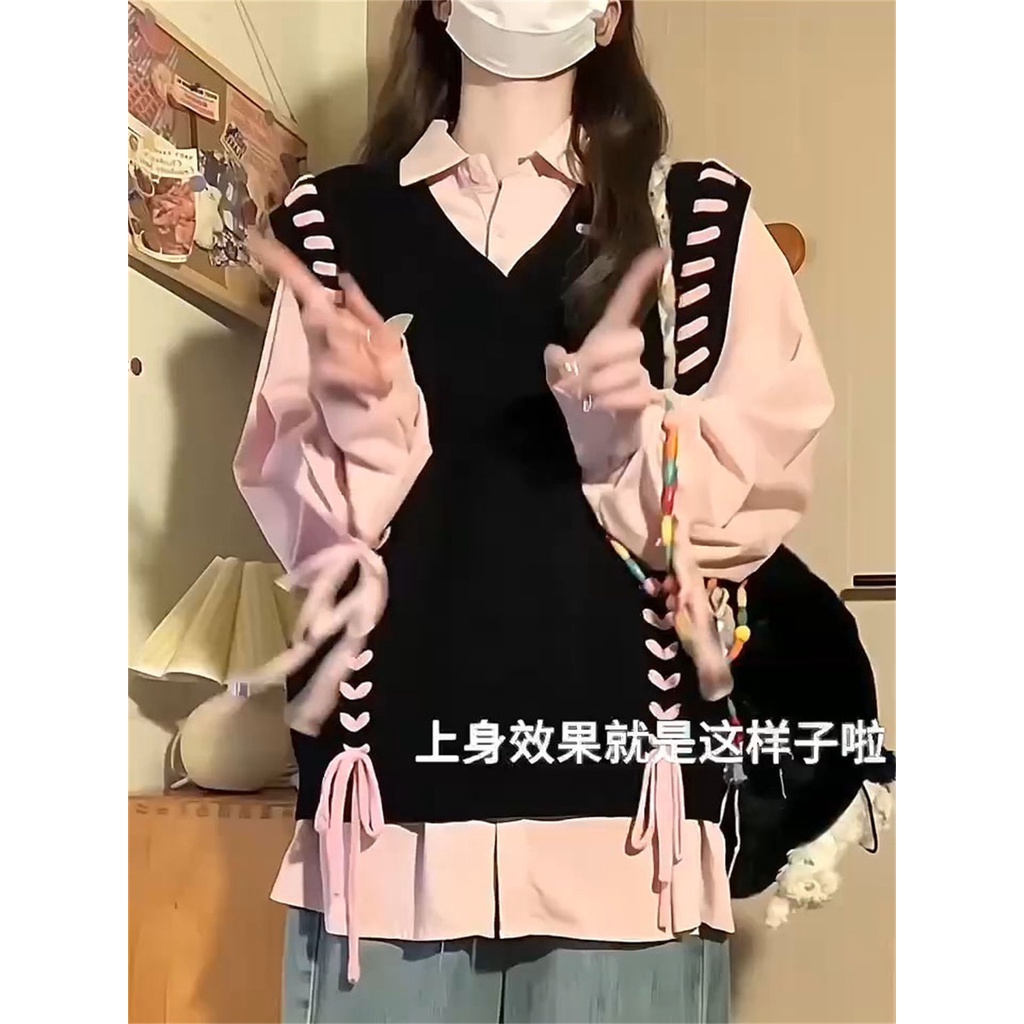 Set Áo Len Dây Rút + Áo Sơ Mi Hồng Mềm Mại handmade Thời Trang Cho Nữ