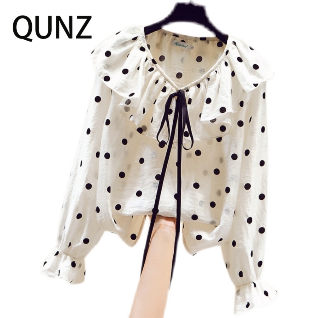 Qunz Bán Buôn Áo Sơ Mi Voan Cổ Lá Sen Chấm Bi 7154