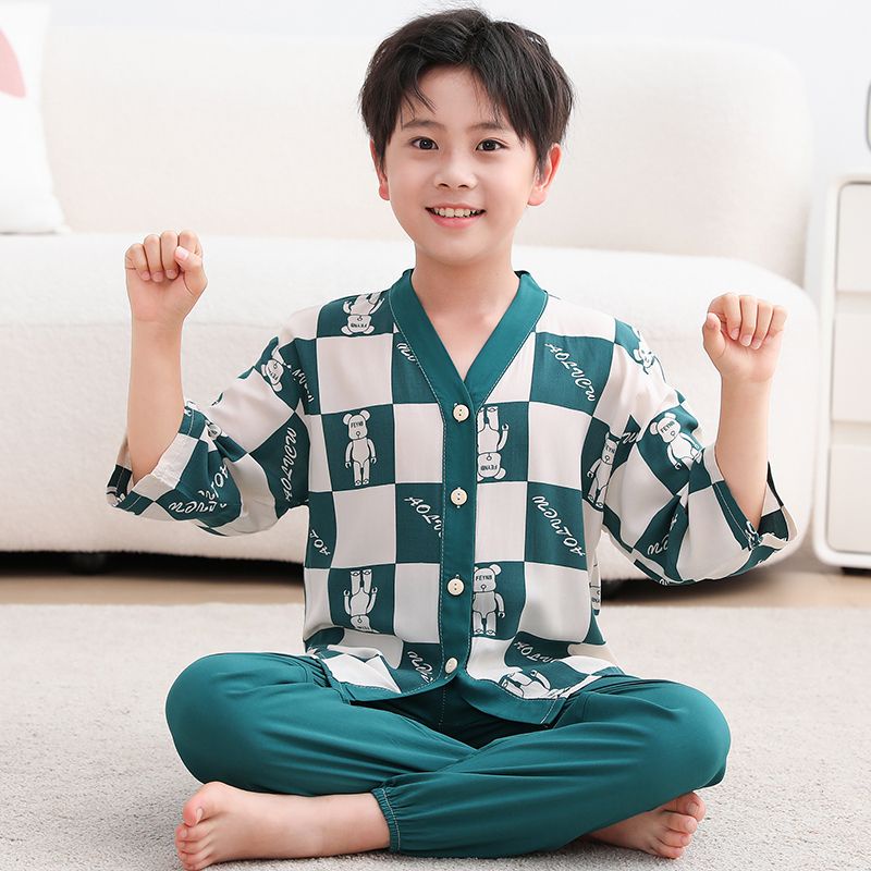 Bộ Đồ Ngủ Pijama Tay Dài Bằng Vải Lụa cotton Thời Trang Mùa Hè Dành Cho Bé Trai 80-175cm
