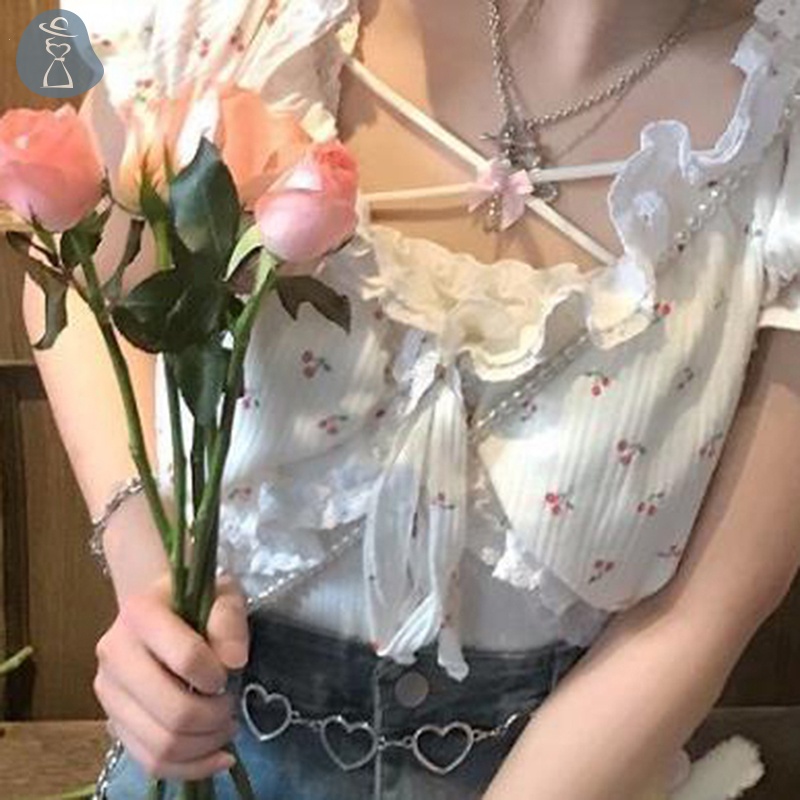 Áo Hai Dây Hở Lưng Phối Ren In Hoa Dễ Thương Ngọt Ngào Thời Trang Đi Biển Mùa Hè Cho Nữ