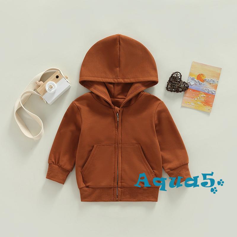 Aqua-áo Khoác Tay Dài Có Nón Màu Trơn Khóa Kéo Cho Bé Trai Bé Gái