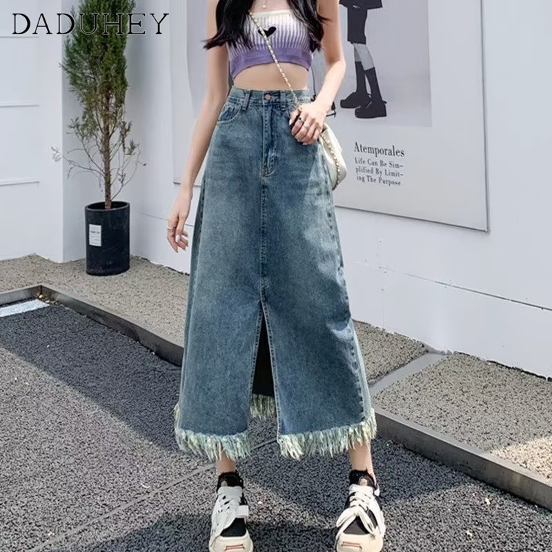 DaDuHey New American Style Ins High Street Raw Edge Denim Skirt Niche High Waist A- line Skirt Large Size Hip Skirt