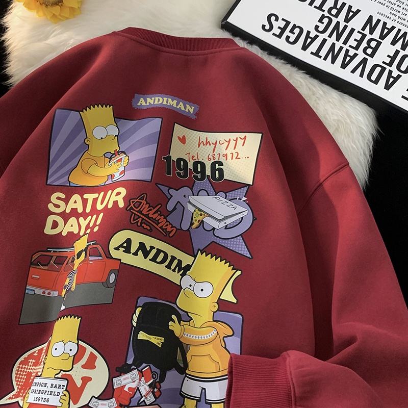 Áo sweater Nhung Dày Cổ Tròn In Hình simpson Hoạt Hình Phong Cách hip hop Mỹ Cho Nam Nữ