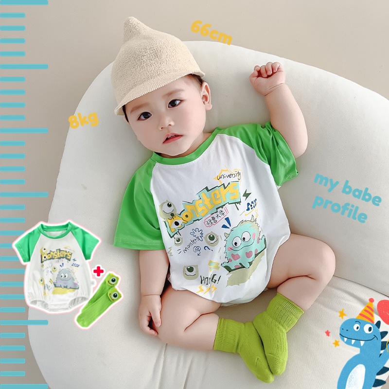 Bộ Áo Liền Quần Tay Ngắn + Vớ Bằng Vải cotton 100% In Hình Quái Vật Nhỏ Dành Cho Bé Trai Gái 0-24 Tháng Tuổi
