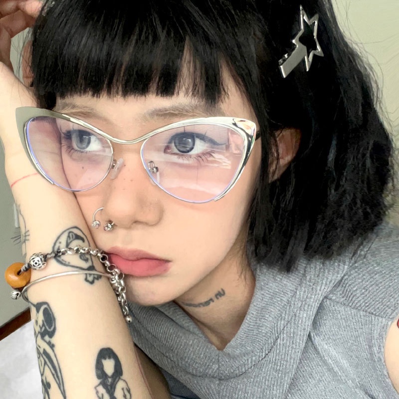 Kính Mát Mắt Mèo Gọng Kim Loại Chống Ánh Sáng Xanh Thời Trang Vintage Phương Tây Cho Nữ