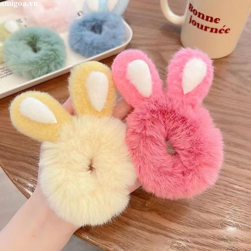 ✨✨Dây Cột Tóc Cao Su Hình Tai Thỏ Phối Lông Dễ Thương Thời Trang Thu Đông Cho Bé