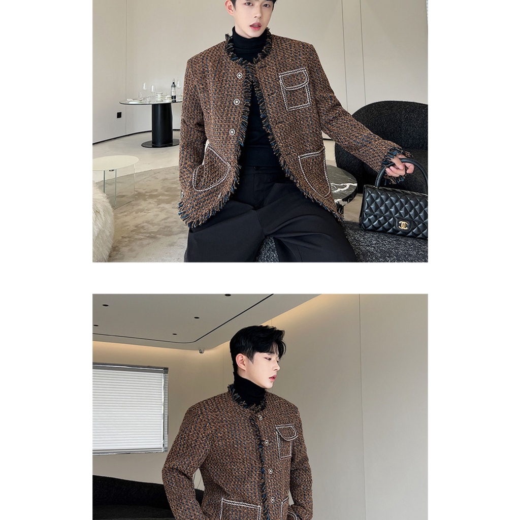 Tweed Áo Khoác blazer Vải Dệt Cổ Tròn Phối Tua Rua Và Nút Kim Loại Màu Nâu / Xanh Dương Hợp Thời Trang Cho Nam