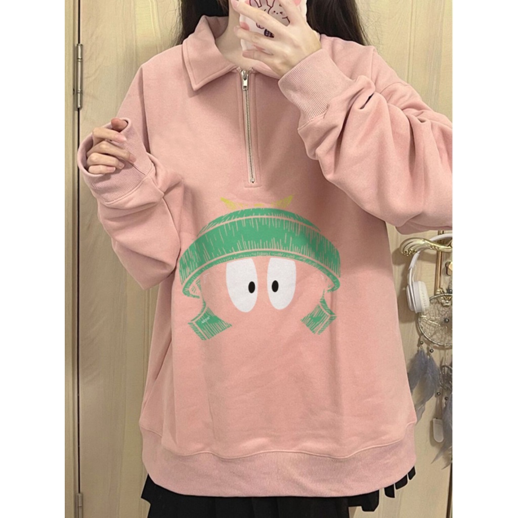 Áo sweater Cổ polo Có Khóa Kéo Nửa Thân Màu Hồng Thời Trang Thu Đông Cho Nữ