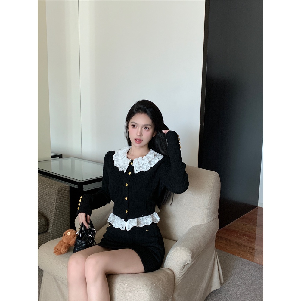 CHOUCHUU Bộ Đồ Khí Chất Kumikumi Áo Dệt Kim Dài Tay Khâu Cổ Búp Bê Cho Nữ Chân Váy Đầu Thu Chân Váy Ngắn Bộ Hai Chiếc