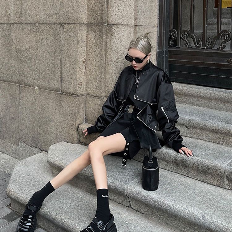 Đen Áo Khoác Bóng Chày Tay Dài Dáng Rộng Có Khóa Kéo Thời Trang Mùa Thu 2023 Cho Nữ