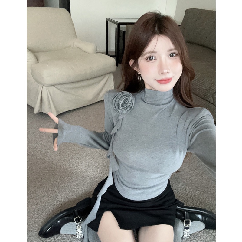 Áo Thun Tay Dài Cổ Cao Dáng Ôm Thời Trang Thu Đông Cho Nữ