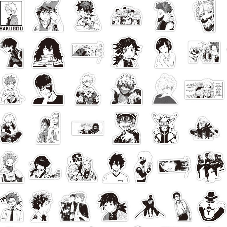 Set 10 Miếng Dán Trang Trí Ván Trượt / Xe Hơi - Họa Tiết Nhân Vật Anime Màu Trắng Đen 100 / 50 / 25 / 10 Sticker