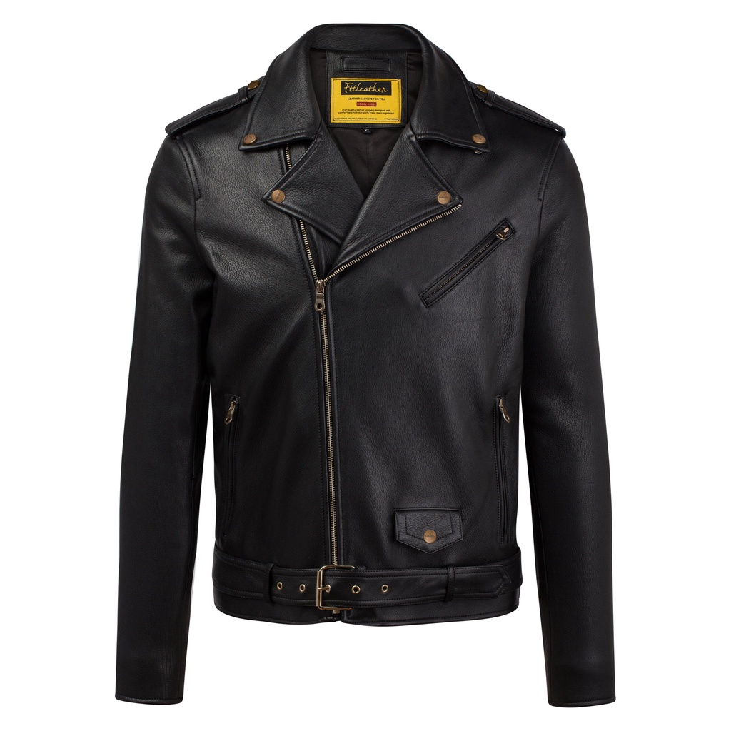 Áo da nam biker jacket, áo da thật cao cấp Fttleather Biker Double Rider da dê khoá đồng mã AD301D