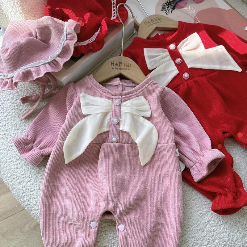 Body Liền Quần NHUNG KIM TUYẾN NƠ NGỌC Kèm Mũ Cho Bé Gái Sơ Sinh Chất Mềm Mịn cho bé mặc noel, Lễ Tết