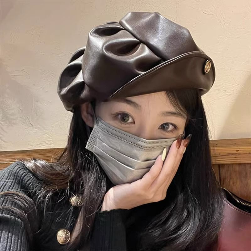 Mũ beret Da Màu Đen Xếp Ly Phong Cách retro Hàn Quốc Dễ Phối Đồ Cho Nữ