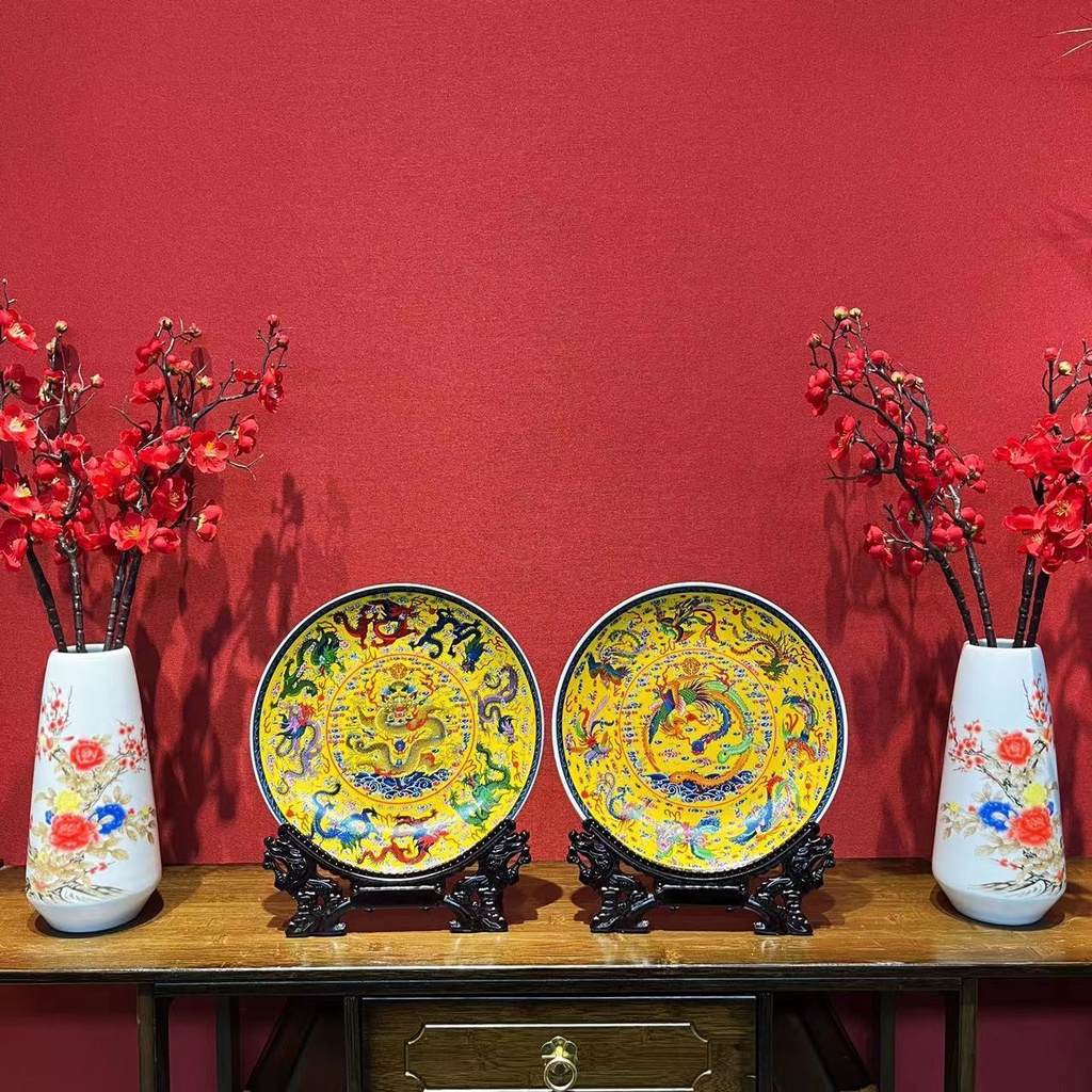 Đồ trang trí bằng gốm Jingdezhen Tấm Cửu Long Họa tiết rồng Đồ trang trí phòng khách cổ Trung Quốc