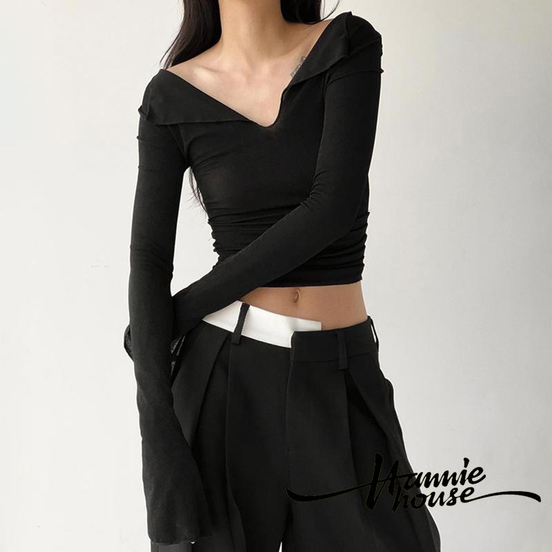 Hannie-áo crop Top Dài Tay Xếp Nếp Màu Trơn Cho Nữ