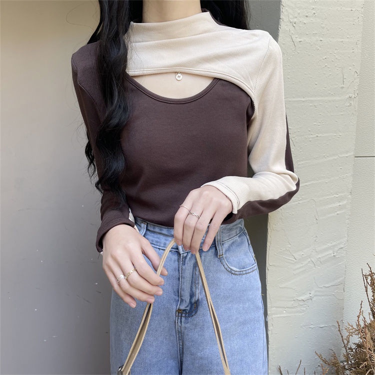 Áo Thun Tay Dài Cổ Lọ Màu Sắc Tương Phản Phong Cách retro Dành Cho Nữ