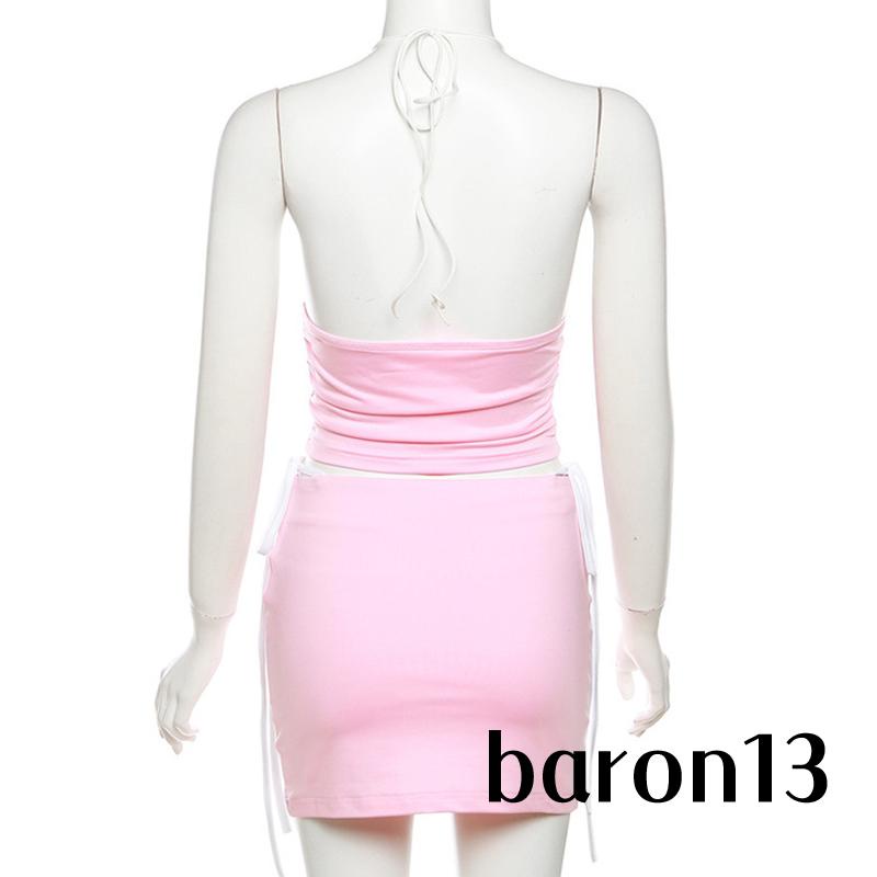 Xo8k-đầm 2 Món Áo Không Tay Cổ Buộc Dây Phối Chân Váy mini Eo Thấp Màu Tương Phản Thời Trang Mùa Hè Cho Nữ