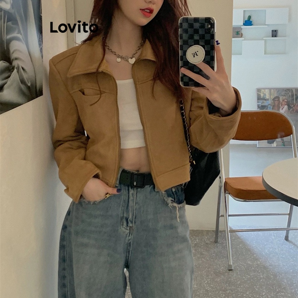 Lovito Áo khoác có túi dây kéo trơn thông thường cho nữ LNA29090