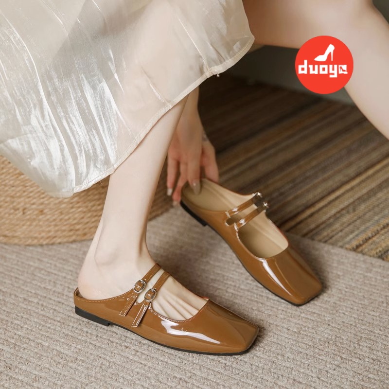 Duoya Tóc Thẳng ~  Dép Bít Mũi Vuông Đế Bằng Thời Trang Mùa Xuân Dễ Phối Đồ Cho Nữ