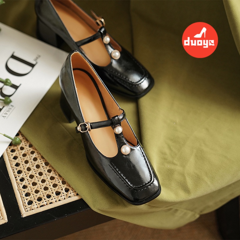 Nhà máy duoya tóc thẳng ~  gió buổi tối nhẹ nhàng giày đơn miệng nông mũi vuông gót dày giày nữ phong cách hepburn mary jane giày da nhỏ miễn phí vận chuyển