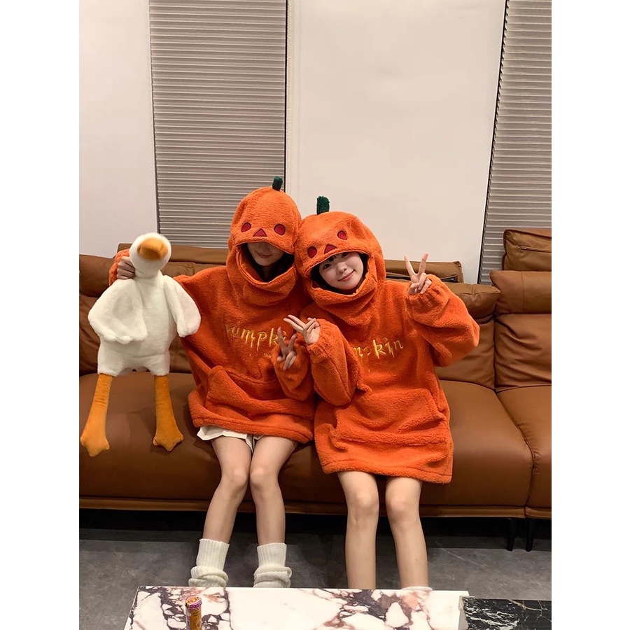 Dễ Thương Áo hoodie Lông Cừu Dày Dáng Rộng In Hình Quả Bí Ngô halloween 2023 p17