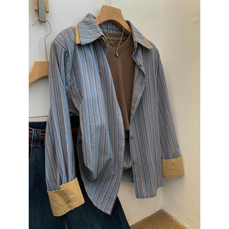 Áo Sơ Mi Tay Dài Kẻ Sọc Xanh Dương Phong Cách Hàn Quốc Thời Trang Mùa Thu Mới 2023 Dành Cho Bạn Nữ