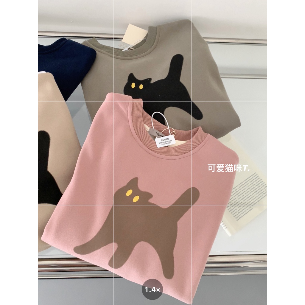 Áo sweater Dày Tay Dài Dáng Rộng In Hoạt Hình Mèo Dễ Thương 1024