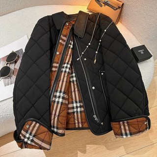 Burberry 2023 autumn and winter New Diamond Plaid small lapel contrast color Korean style cotton-padded jacket women's stitching pocket all-match fashionable coat
