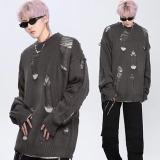Áo len rách nam áo len lỗ Áo sweater Giả Hai Lớp Rách Dài Tay Thời Trang Cao Cấp Dành Cho Nam áo len cổ tròn áo len tay dài form rộng