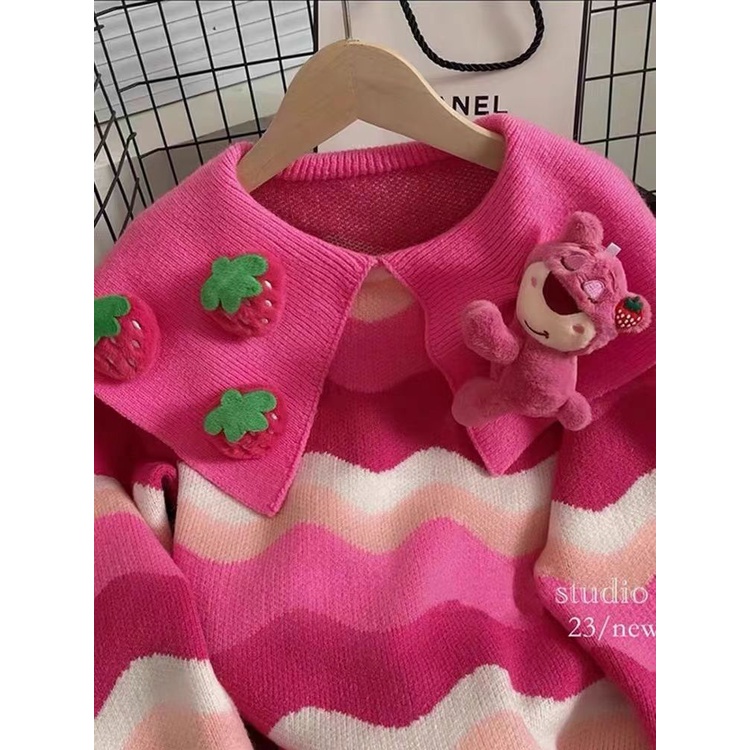 Set Áo Len cotton Ba Chiều + Mặt Dây Chuyền Hình Gấu / Dâu Tây Hoạt Hình Dễ Thương Cho Bé Gái