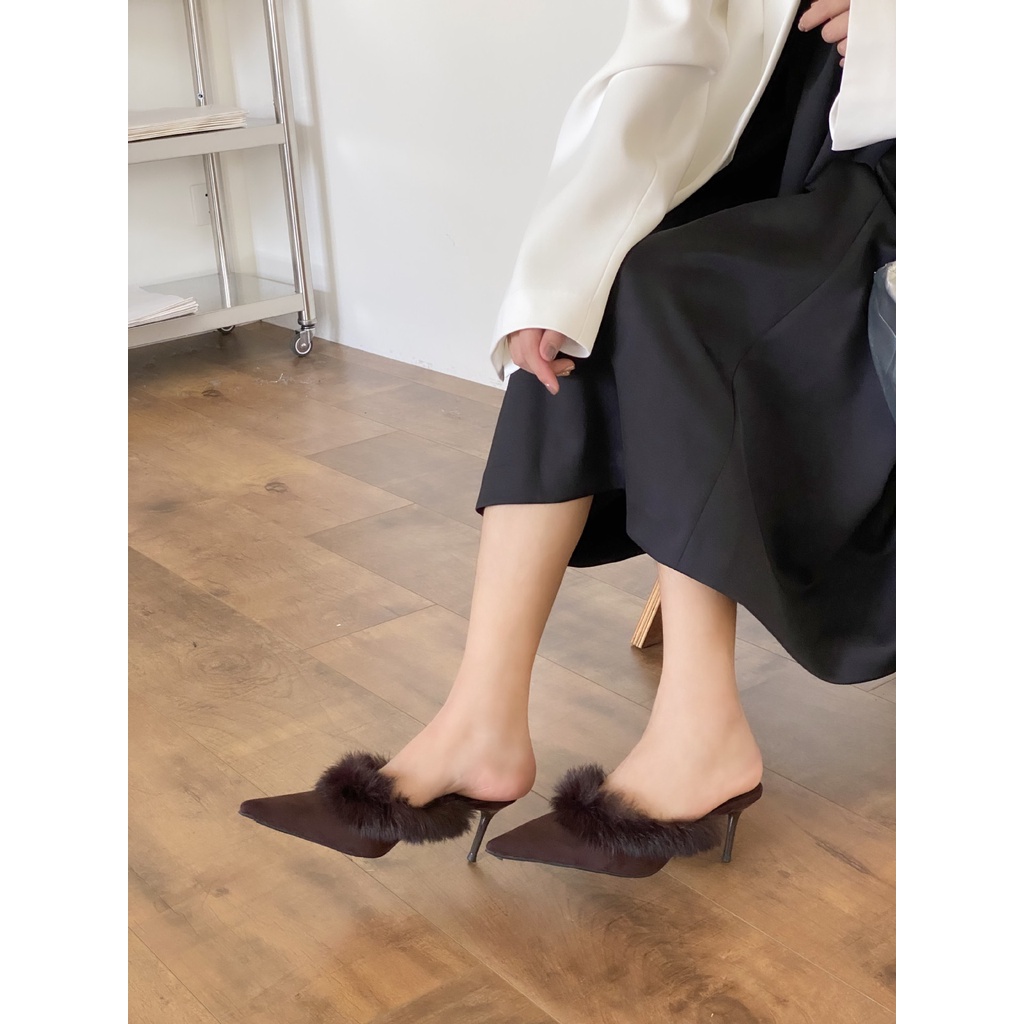 Dép Cao Gót Mũi Nhọn Phối Lông Thời Trang Thu Đông 2023 Cho Nữ