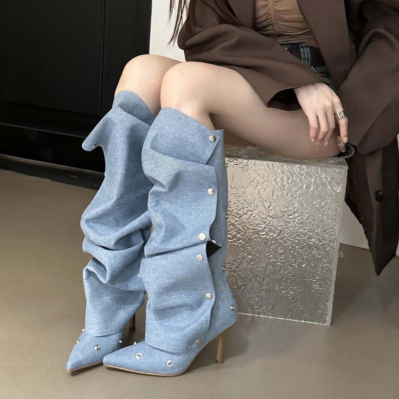 Giày Bốt Cao Gót Mũi Nhọn Vải denim Xếp Ly Cài Khóa Đính Đinh Tán Thời Trang 2023 Cho Bạn Gái