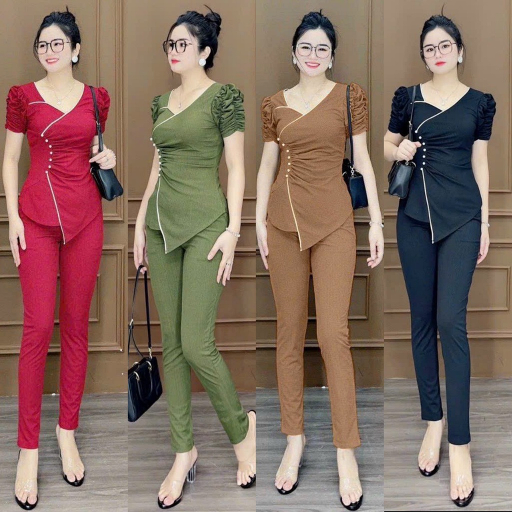 Set Đồ Bộ Xốp Áo Kiểu Cổ V Tay Phồng Ngắn , Xếp Ly Đính Hạt bên Eo Phối Quần Dài Ôm Thun Xốp Nhật Siêu Cưng, Hot Đi Chơi