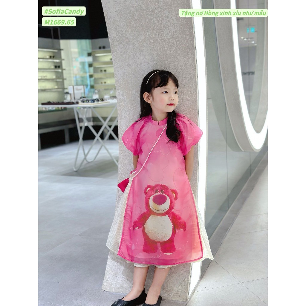 Áo dài gấu dâu lotso chất liệu tơ óng 2 lớp mềm mịn cho bé xinh