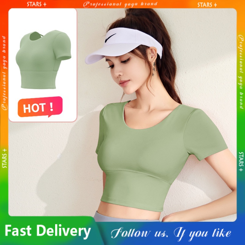 Áo Thun Thể Thao Ngắn Tay Hở Lưng Có Đệm Ngực Khô Thoáng Nhanh Cho Nữ