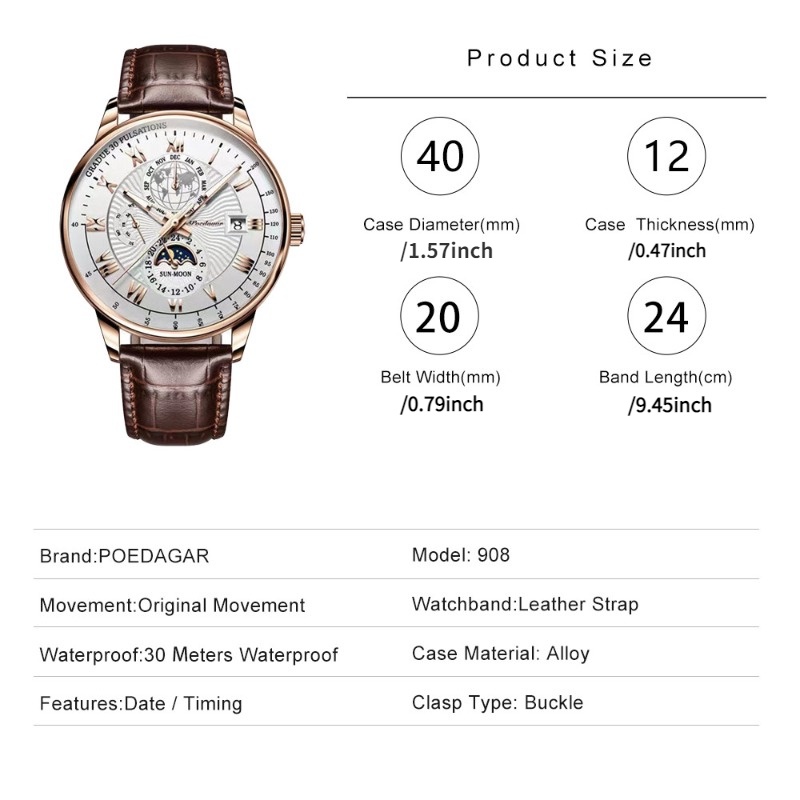 Poedagar Đồng Hồ Thạch Anh Chống Thấm Nước Trang Trí Mắt Nhỏ Thụy Sĩ Chính Hãng Cho Nam