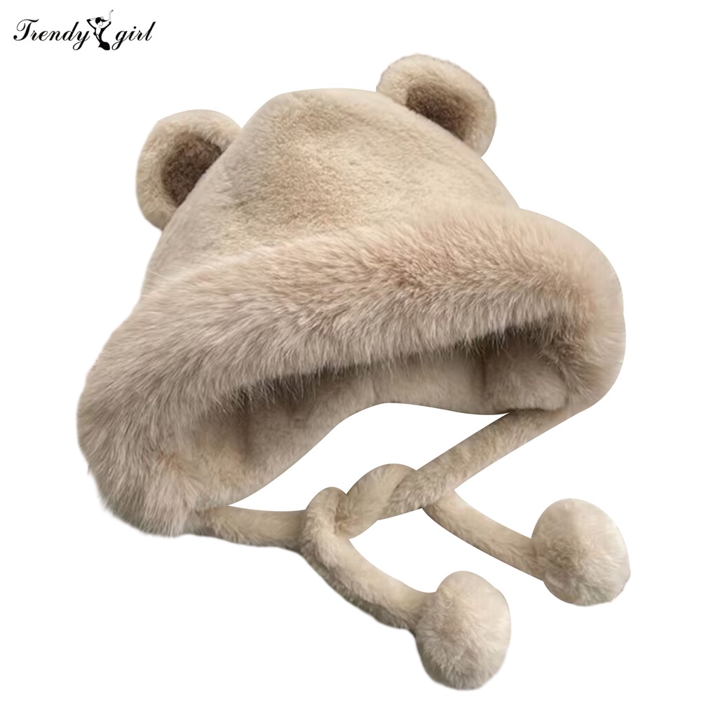 Mũ Trùm Đầu Vải Bông Dày Dặn Mềm Mại Giữ Ấm Tai Gấu Dễ Thương Có Dây Đeo Chống Gió Mùa Thu Đông Dành Cho Bạn Nữ Đi Xe Đạp Ngoài Trời