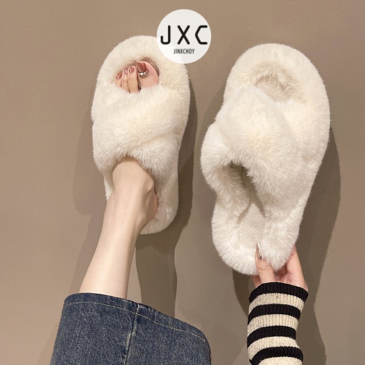 JINxCHOYDép Lông Xù Mũi Tròn Quai Chéo Màu Trơn Dễ Thương Hợp Thời Trang Hè