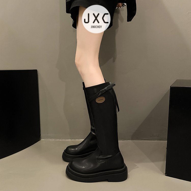 Giày Bốt Da pu Gót Thấp Mũi Tròn Phối Khóa Kéo Sau Phong Cách Anh Quốc Thời Trang Mùa Đông Cho Nữ