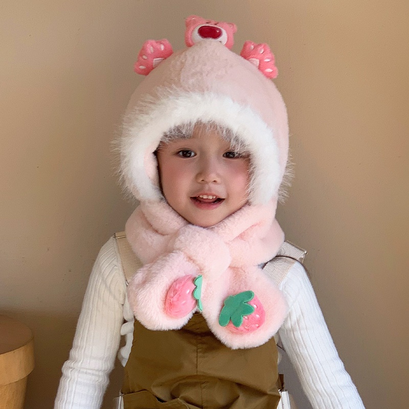 Set 2 Mũ Len Kèm Khăn Choàng Cổ 2 Trong 1 in Họa Tiết Dâu Tây / Gấu Hoạt Hình Dễ Thương Thời Trang Mùa Đông Cho Bé Gái