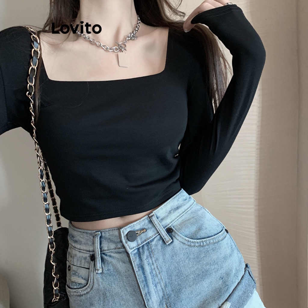 Lovito Áo thun cơ bản cổ vuông trơn đơn giản cho nữ croptop áo tay dài LNE29198 (Trắng đen)
