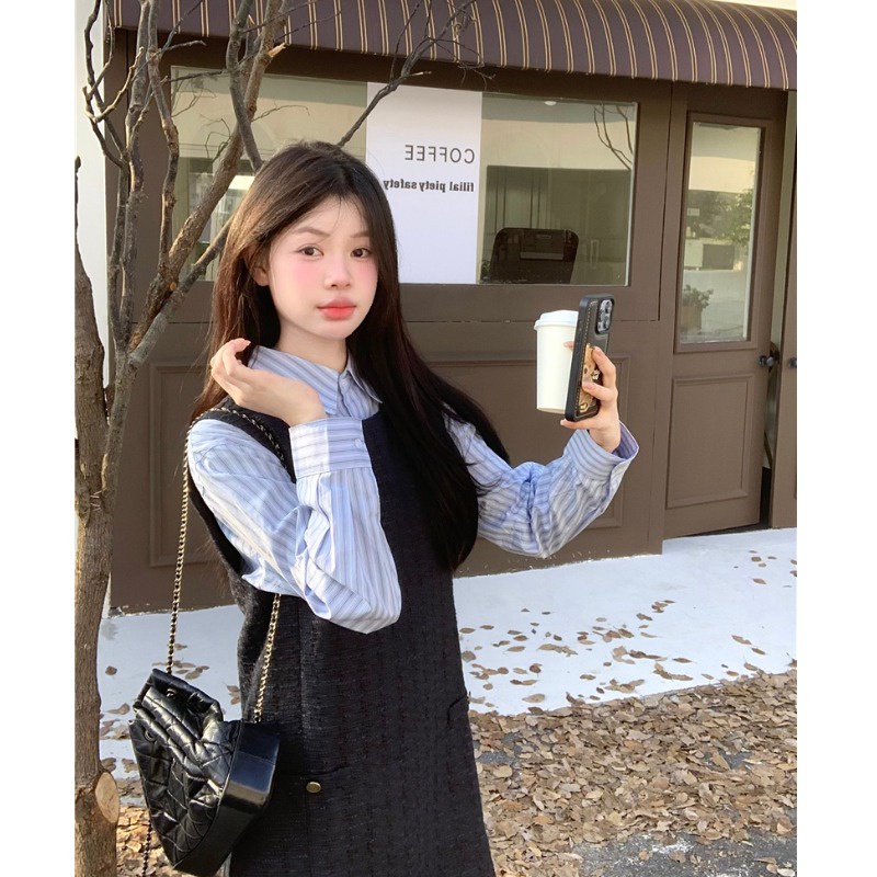 Set Áo Thun Dài Tay Cổ Tròn + Chân Váy Yếm Thời Trang Nữ